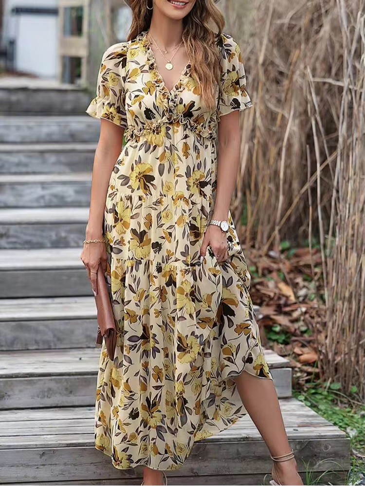 Boho Floral V-Neck Tiered Maxi Dress - Yellow Floral